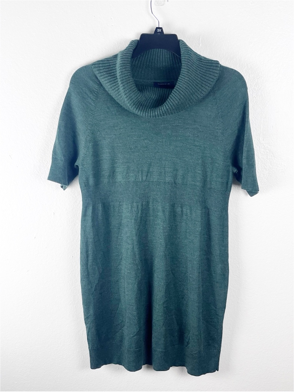LANDS END 100% Merino Wool Green Cowl Neck Short Sleeves Dress Size 14/16